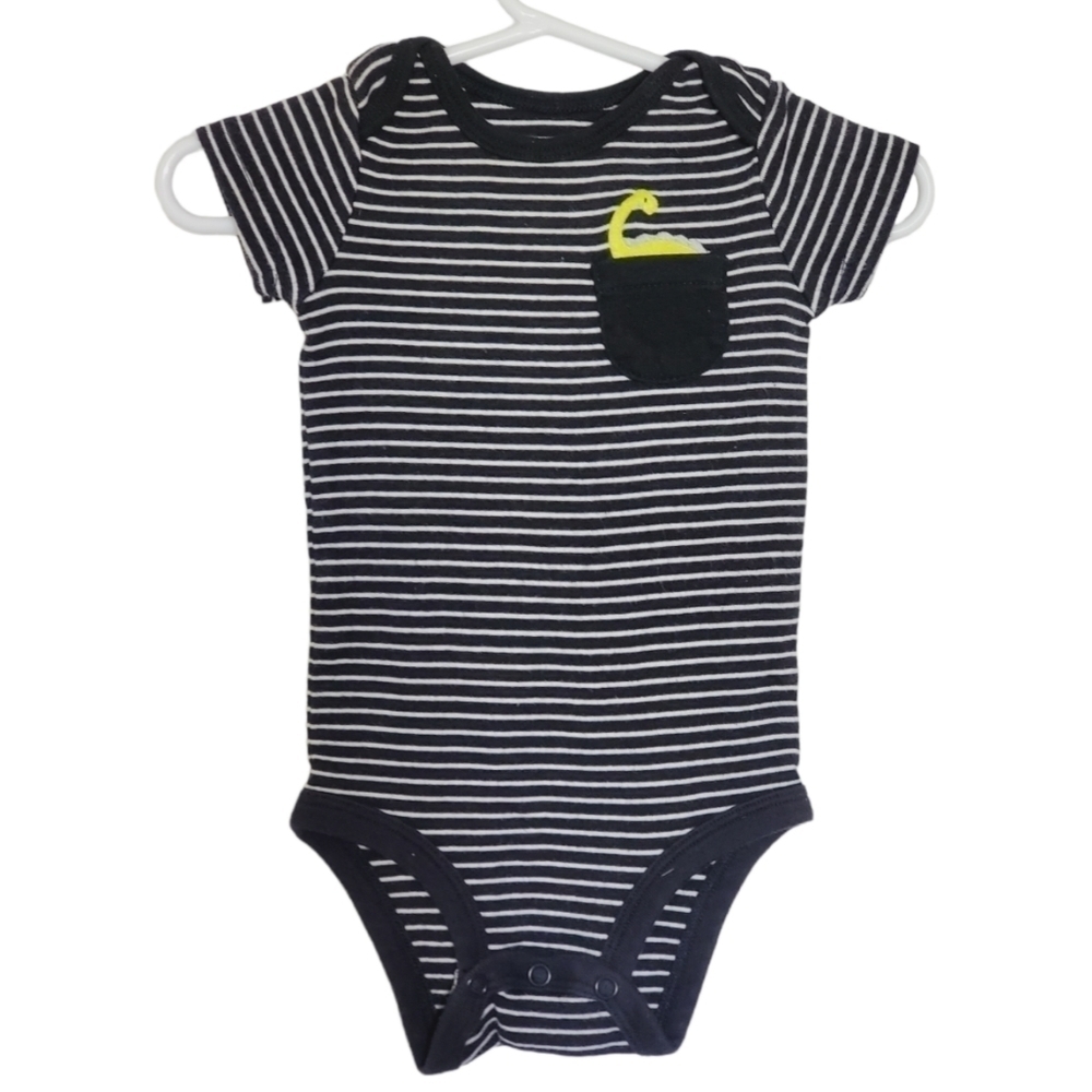 K1069 * Child of Mine Striped Dinosaur Pocket Bodysuit Navy White Size 3/6M